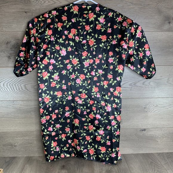 Intimate Moods Satin Night Set Womens L Slip & Cover Chemise Black Red Roses - Picture 14 of 16